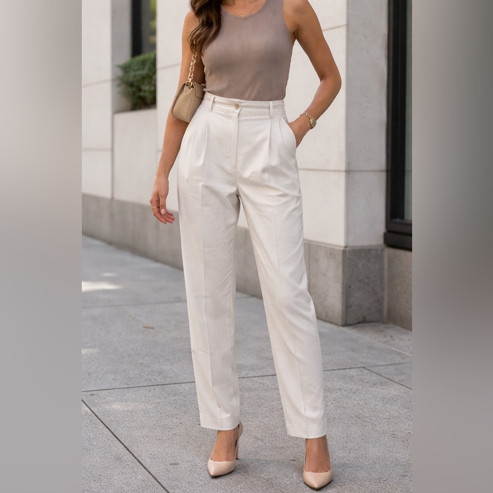 Vintage Cleo Elegant Cream Dress Pants with Pleats